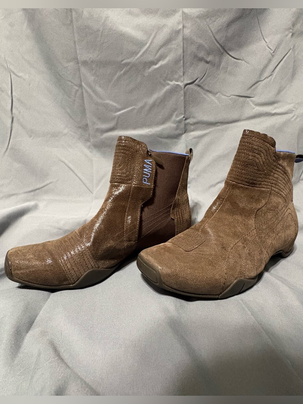 Rare Vtg Y2K PUMA Shock Metallic Brown Shiny Leather Moto/Rider Boots Futuristic